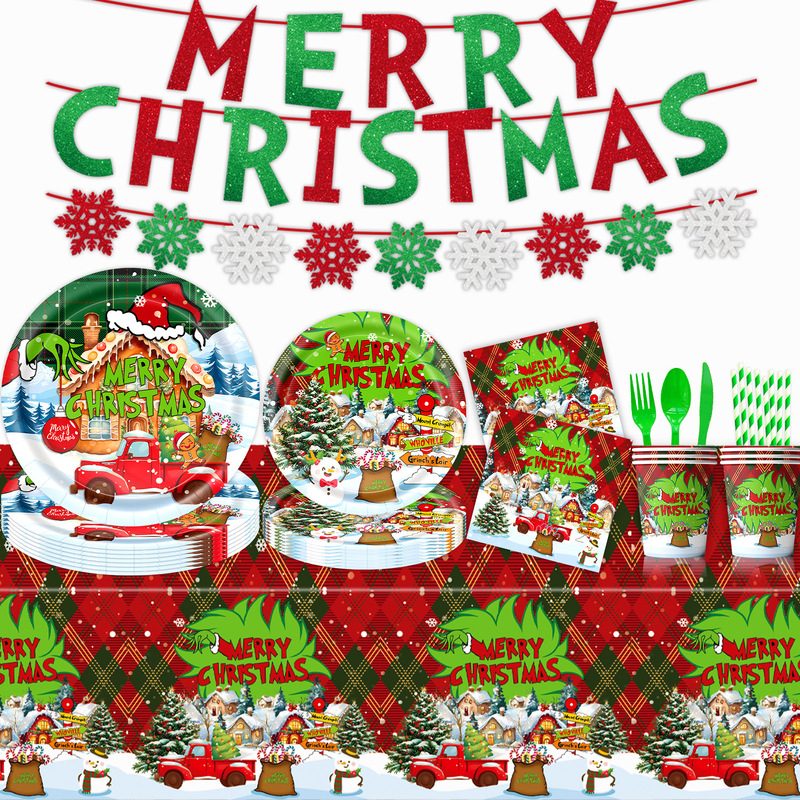 Cross-Border Edge-Grazing Grinch Christmas Theme Birthday Party Supplies Disposable Tablecloths Paper Plates Paper Cups Tableware Decoration