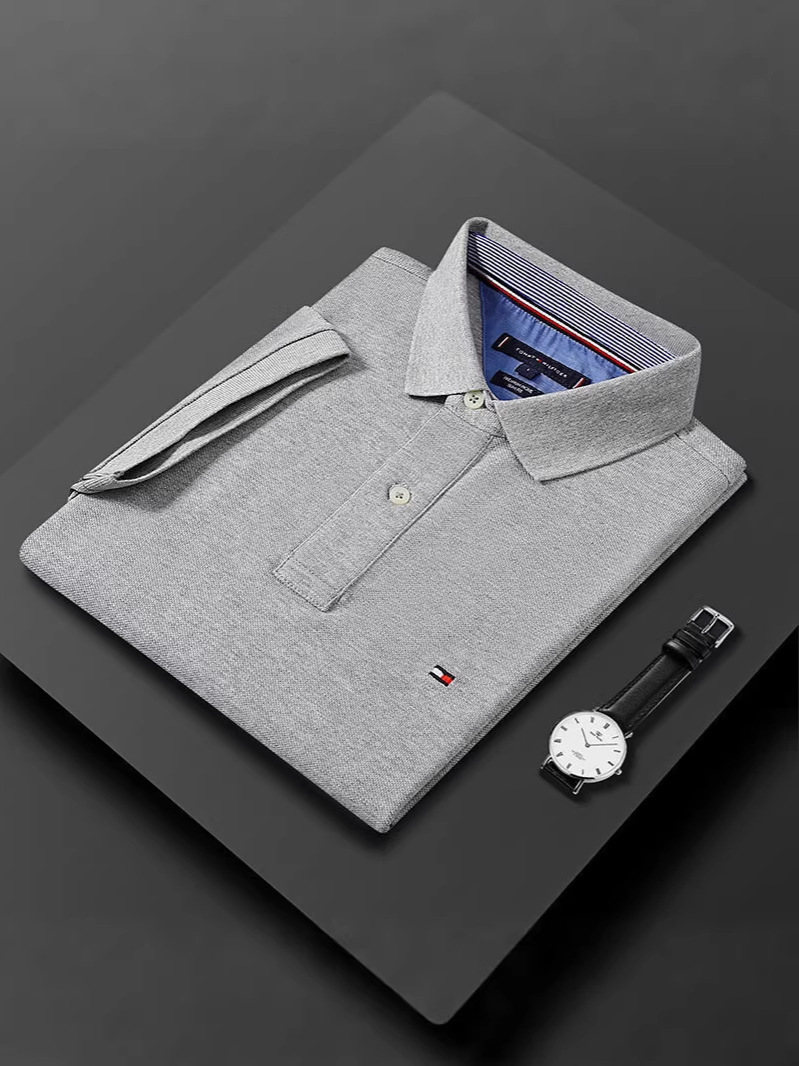 Original 26 New Products Tommy Pure Color Men's Polo Shirt Short-Sleeved Large Size Casual T-Shirt Loose Cotton Top