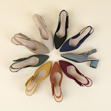 663-3简约尖头高跟鞋女粗跟包头凉鞋后空浅口女式蝴蝶结单鞋批发