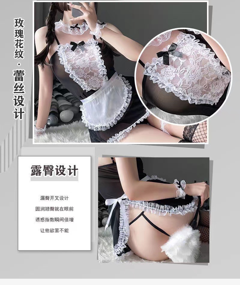 Lace Maid Roleplay Lingerie Set with Fishnet Stockings, One Size — detail image 5