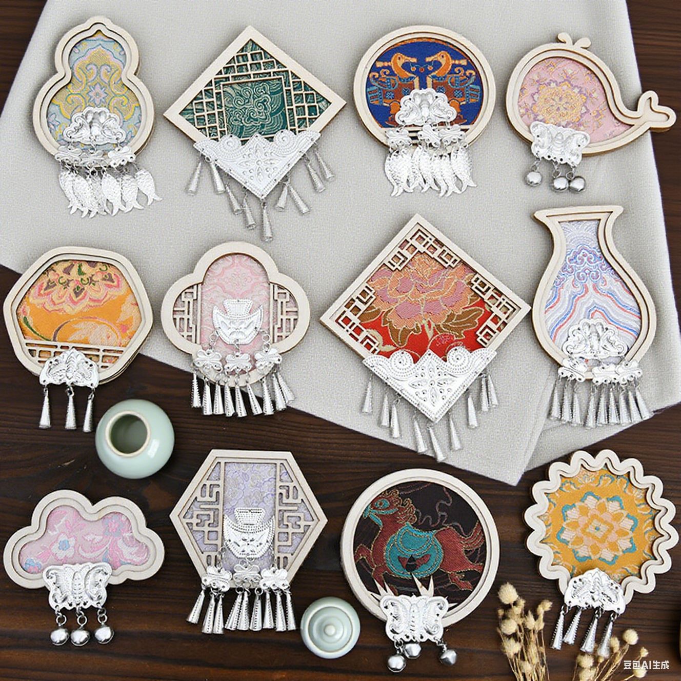 竹编苗银冰箱贴diy材料包中式仿宋锦木质工艺品摆件团建活动礼品