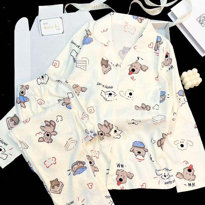 Al por mayor transfronterizo de otoño pantalones de mangas largas cardigan con collar nubes pijamas de algodón para mujeres explosión dulce dibujos animados set de ropa para el hogar