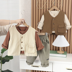 春季新童裝套裝國風2024男童厚騎兵斜馬甲休閒長袖小孩兒童三件套