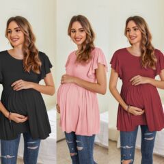 春夏亚马逊欧美女式哺乳装家居服上衣圆领荷叶袖缩褶月子服睡衣女