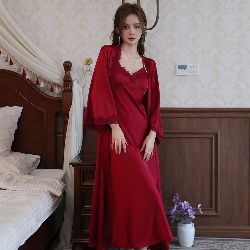 高级感冰丝绸长款睡裙女夏法式复古薄款仿真丝吊带裙睡袍套装春秋|undefined