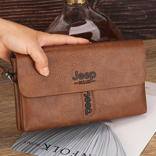 Cross-border new men's handbag PU retro business double-layer wallet with multi-card slots, men's phone bag, hand-held bag