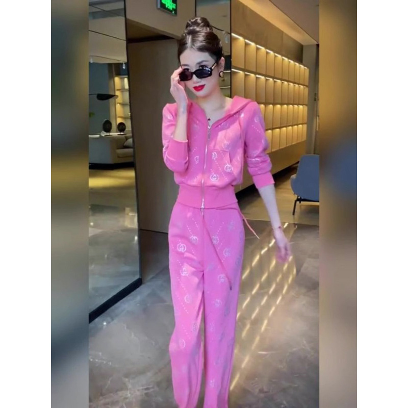Autumn Women's New Casual Sports Suit Rose Red Hooded Zipper Long-Sleeved Sweatshirt Straight-Leg Pants Suit