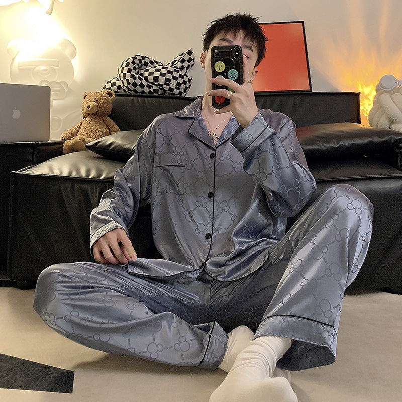 Pijamas de hombre primavera y otoño pantalones de manga larga de seda de hielo 2023 Nueva talla grande más tamaño ropa de hogar de seda real verano e invierno