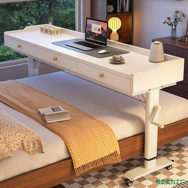 Hand-Cranked Cross-Bed Table, Removable and Liftable Bedside Study Table, Storage and Makeup Table, Solid Wood Desk