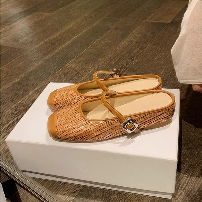 La madre de la uva aumenta 5cm en verano ~ Sandalias de cabeza cuadrada retro tejido de paja estilo vacacional perezoso medio arrastrando mujer verano