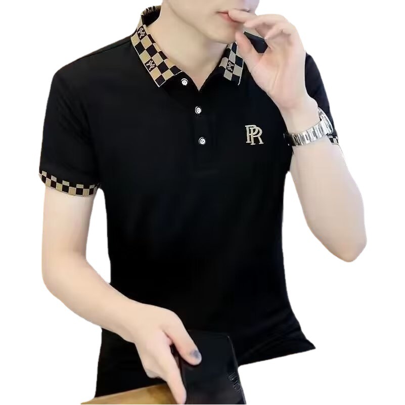 Camisa de polo de los hombres de manga corta Camiseta solapa de los hombres de verano superior 2023 verano negocio bordado de color cuello alto elástico slim fit