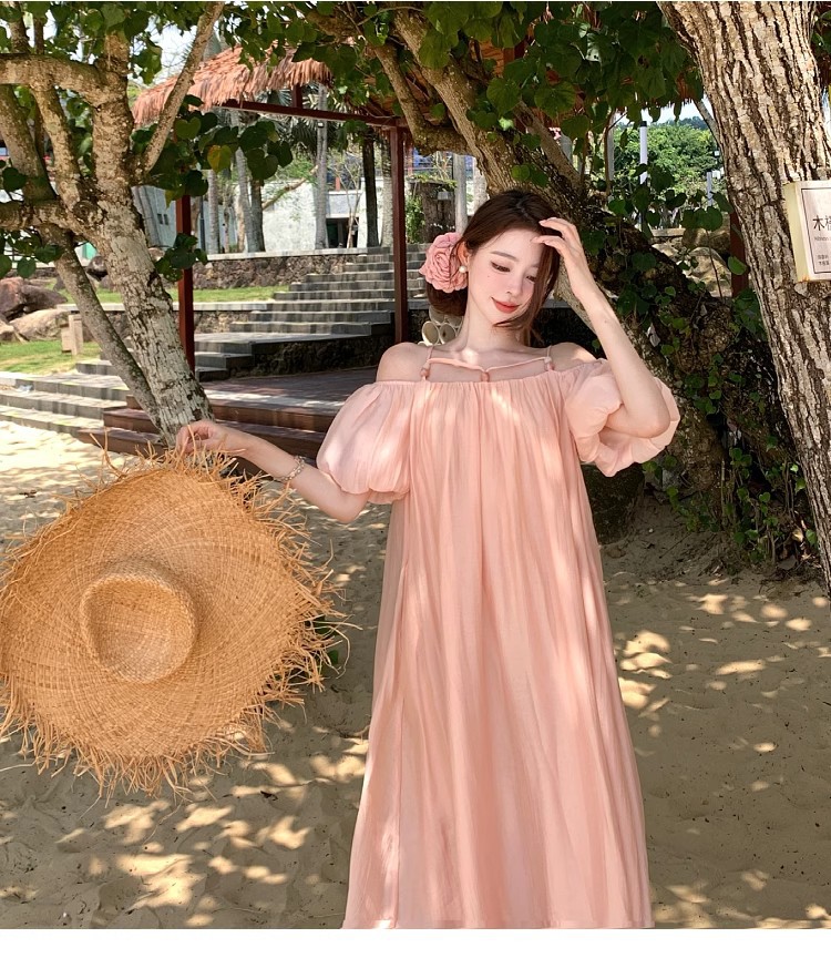 Off Shoulder Short Sleeve Vacation Dress For Summer Holidays_voghion.com
