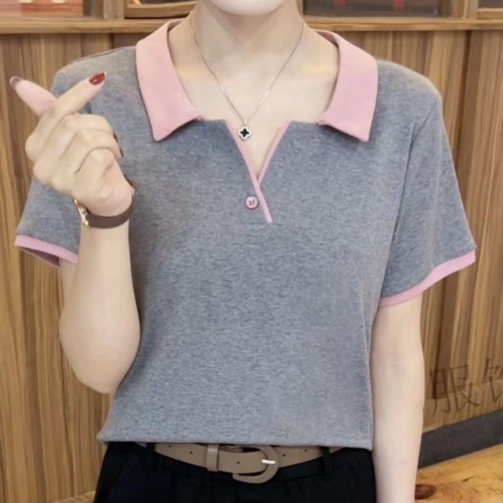 여름 신상 중년 엄마 기질 반팔 티셔츠 여성용 대형 루즈 패셔너블 다용도 배색 탑