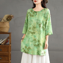 实拍夏季复古棉麻印花圆领盘扣宽松洋气百搭休闲中长款衬衫连衣裙