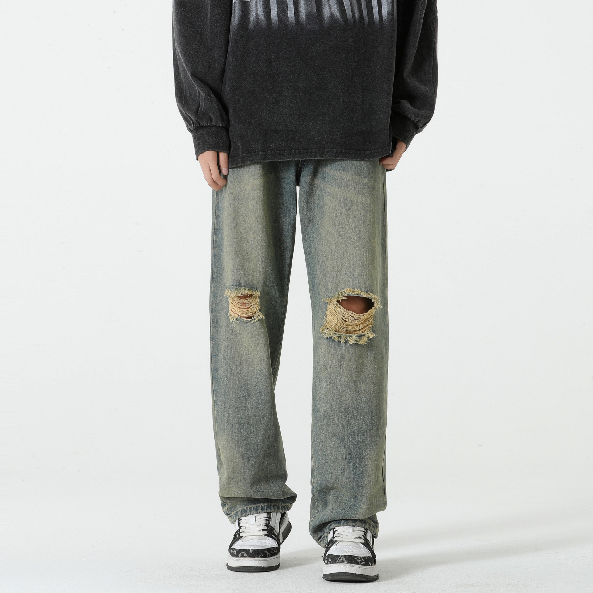 Pantalones vaqueros rasgados de los hombres de hip hop de la calle Otoño e Invierno nuevos pantalones sueltos de pierna ancha de la calle alta pantalones americanos azules retro de los hombres