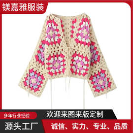 2025秋季跨境欧美女装手工祖母格毛衣钩花开衫长袖宽松版型复古