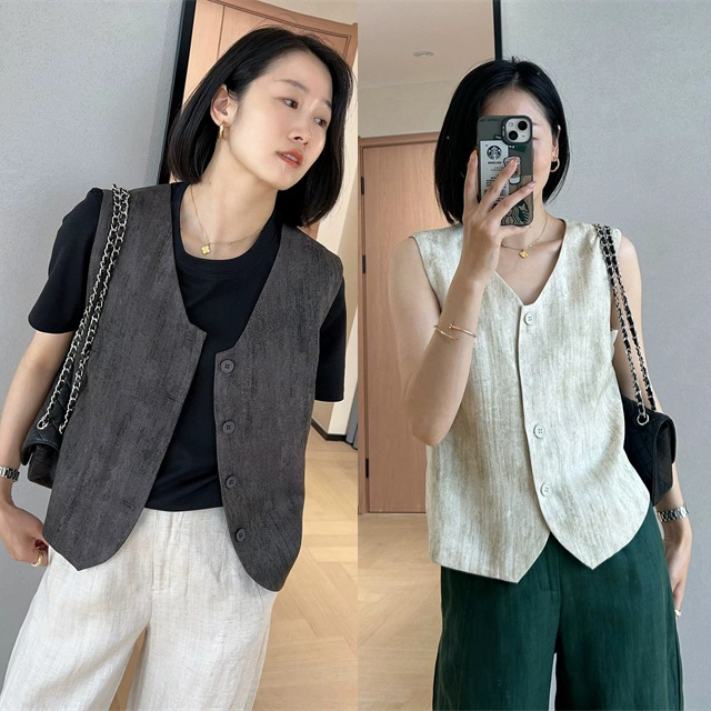 WTHEONE Senior Old Money Style Vest Slimming Elegant All-match Short V-neck Linen Vest Jacket Women's Spring and Summer New