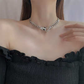 新款韩国几何型冷淡风粗链条项链女嘻哈镶嵌动物蛇形锁骨链
