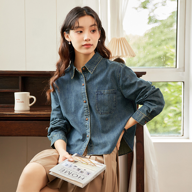 Denim Shirt Women Ins2025 Spring New Retro Hong Kong Style Dark Casual Small Short Shirt Top