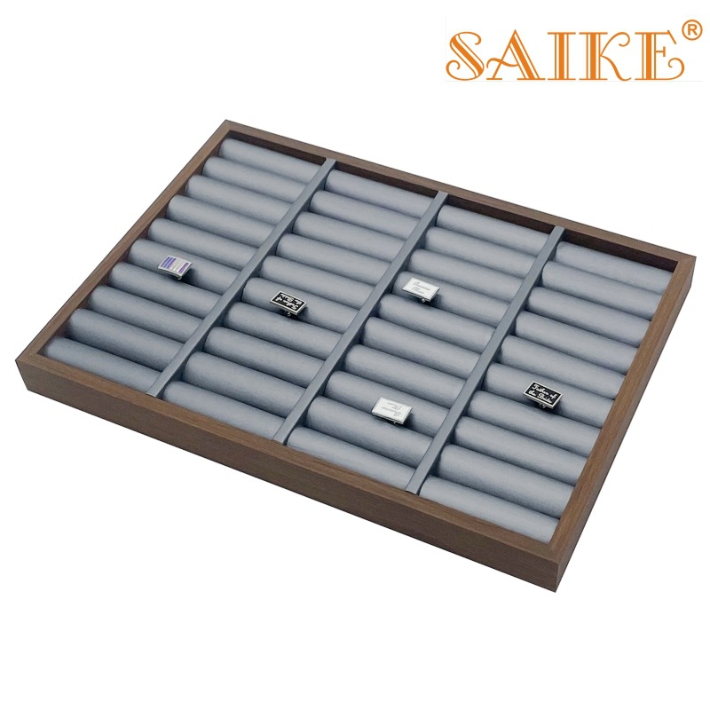 现货批发黑胡桃纹木质内枪灰色拉丝PU手镯戒指首饰饰品展示盘托盘