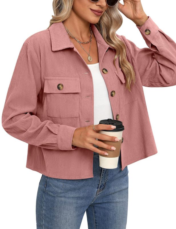Amazon 2024 ホットスタイルヨーロッパとアメリカの女性のファッションカジュアルショートシャツコーデュロイボタンへそ出しジャケットトップ|undefined