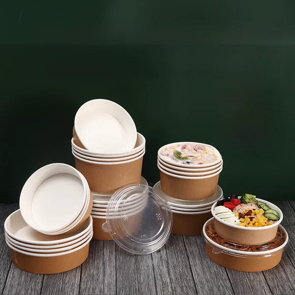 Kraft Paper Bowl Light Food Salad Bowl Thickened Disposable Bowl Wholesale Paper Bowl Round Lunch Box with Lid Takeaway Packing Box