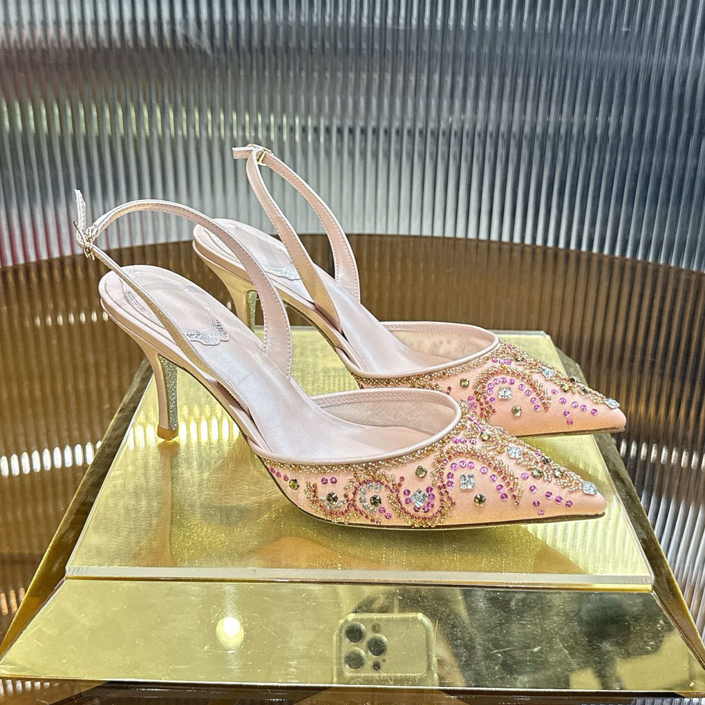 Rc Sandals, Fashionable Pointed-Toe Lace Rhinestone High Heels, French-Style Fairy Stiletto Closed-Toe Sandals, Beaded Wedding Shoes for Women