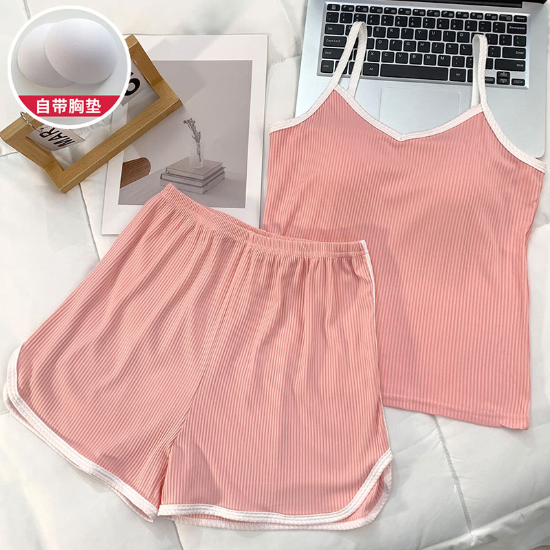 Cross-Border Summer Pajamas for Women Solid Color with Breast Pads Sexy Pure Lust Style Suspender Shorts 2025 New Threaded Home Clothes