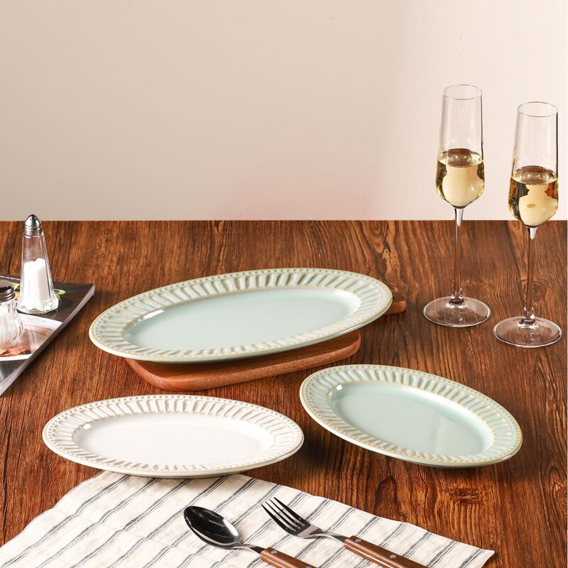 Oval kiln-turned high-appearance striped multifunctional dinner plate for steak, vegetable salad, and pasta, safe for microwave and oven Oval kiln-turned high-appearance striped multifunctional dinner plate for steak, vegetable salad, and pasta, safe for microwave and oven