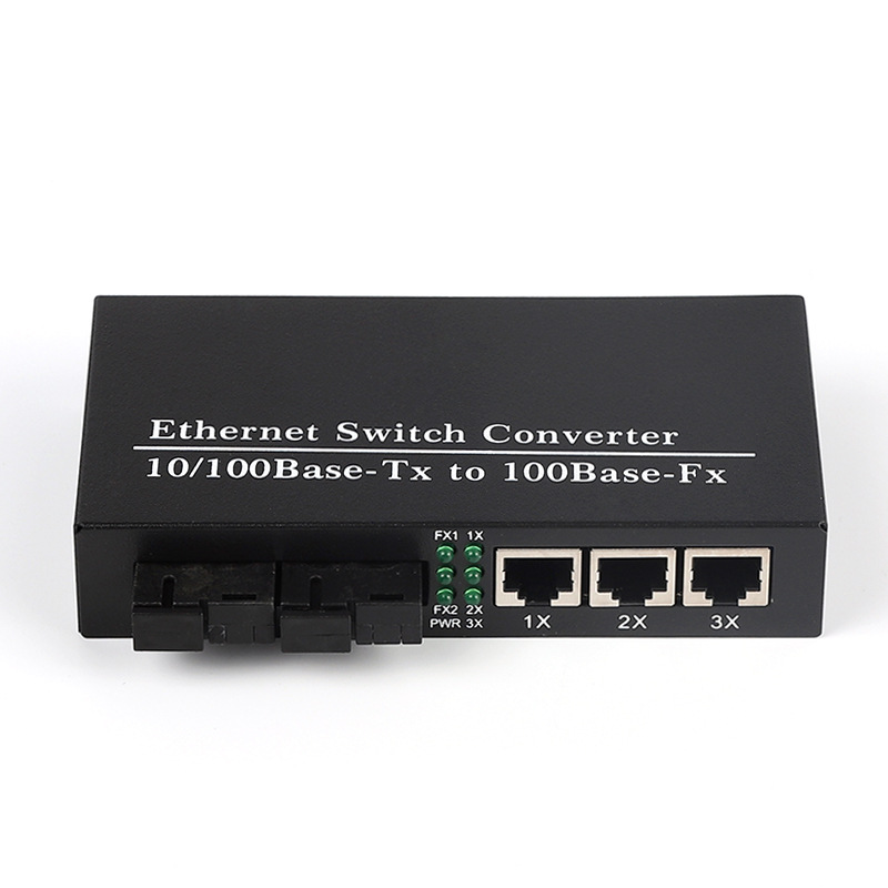 One single-mode, single-fiber fiber optic transceiver for 100-megabit 2-optical-3-electrical switch, used for video surveillance.
