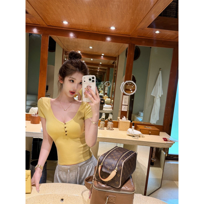 In-Stock 260g Rayon Stretch Ribbed T-Shirt for Women, Summer Style, Slim Fit, Deep V-Neck, Short Sleeve, Sexy Hot Girl Style In-Stock 260g Rayon Stretch Ribbed T-Shirt for Women, Summer Style, Slim Fit, Deep V-Neck, Short Sleeve, Sexy Hot Girl Style