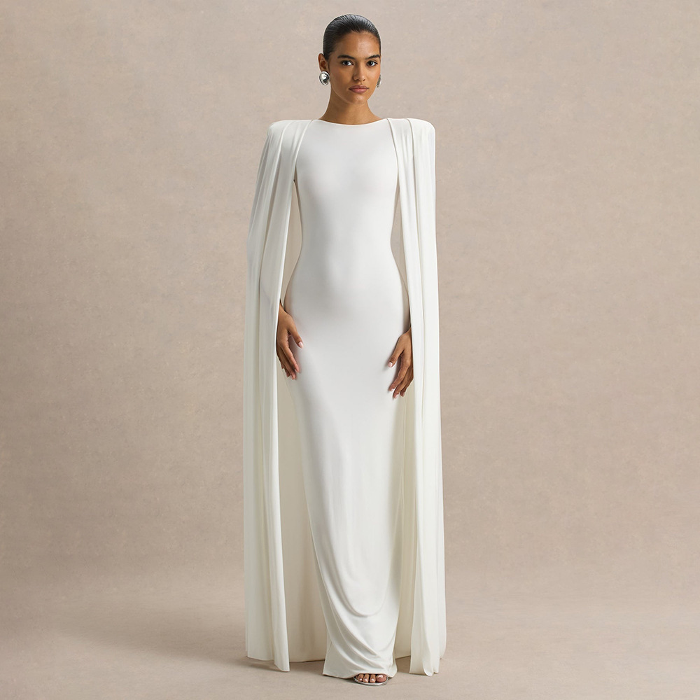 Elegant Women's Party Dress With Pleated Cape - Round Neck Solid Color Maxi Dress For Banquet & Evening Occasions_ecoleips.com