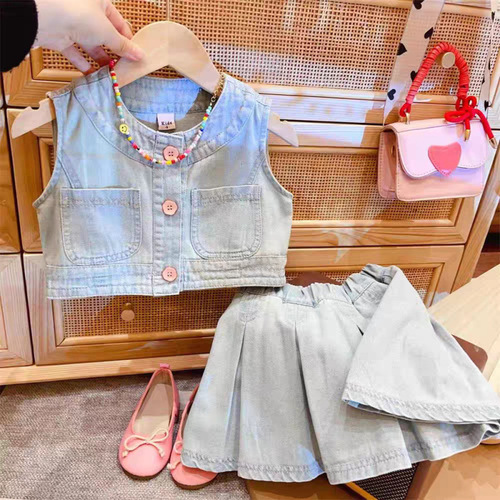 Unisex Washable Denim Set with Sleeveless Top and Pleated Skirt - 2025 Summer Trendy Sweet Style Two-Piece Set