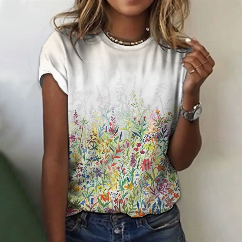 AliExpress Amazon Летняя женская футболка с 3D цифровым принтом и круглым вырезом с цветочным узором Повседневная Свободная модель