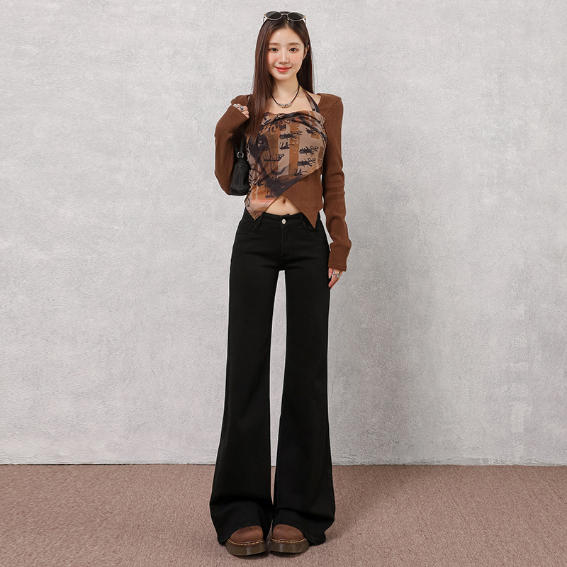 Black Low-Waisted Flared Jeans for Women, 2025 Autumn American Style, Stretchy, Slimming, Floor-Length Bootcut Pants