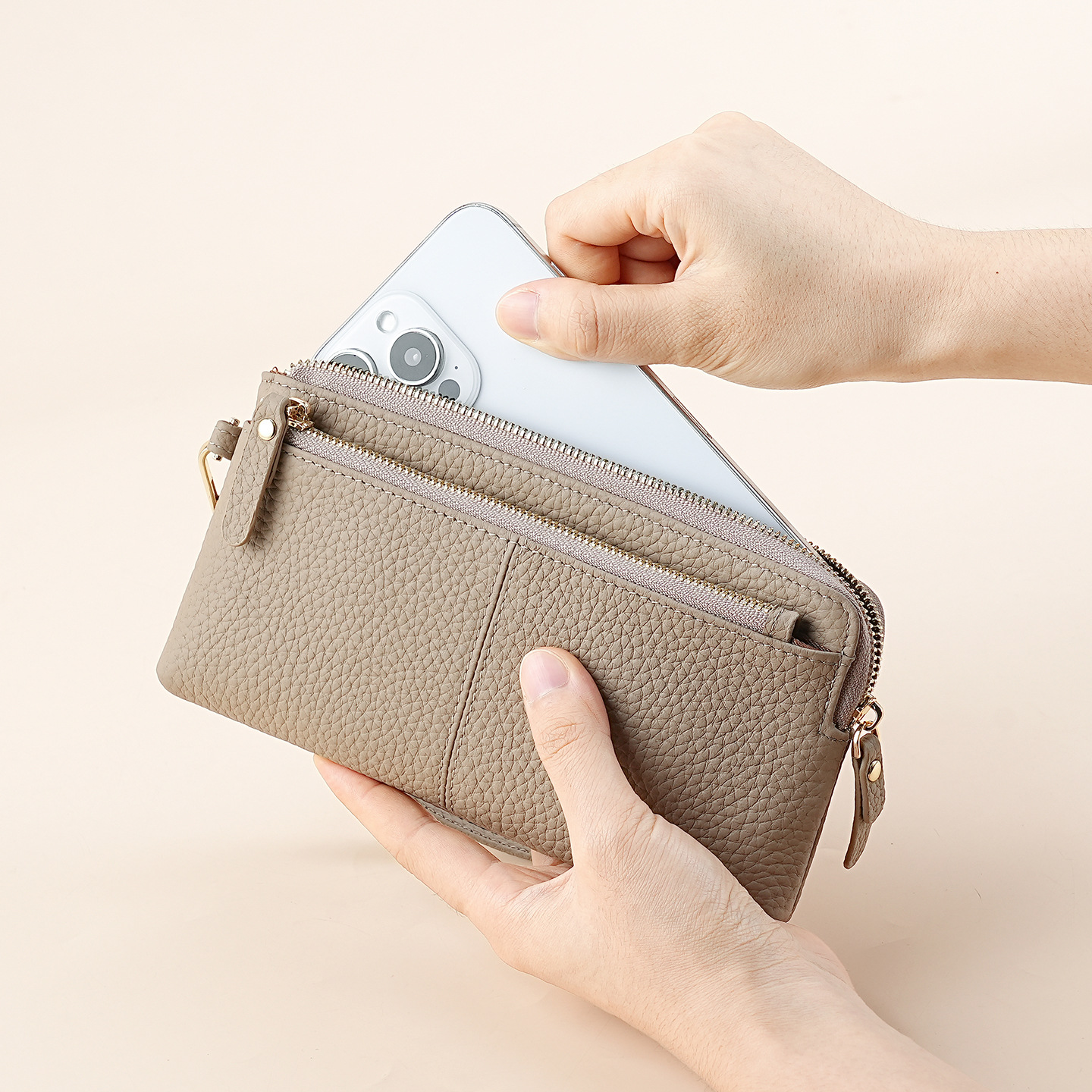 Detachable Wrist Strap Women's Long Wallet Genuine Leather Multifunctional Mobile Phone Bag New Three-Layer Zipper Clutch Bag for Women