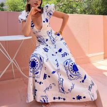 外贸跨境独立站2024新款低胸V领时尚印花泡泡袖大摆棉麻连衣裙