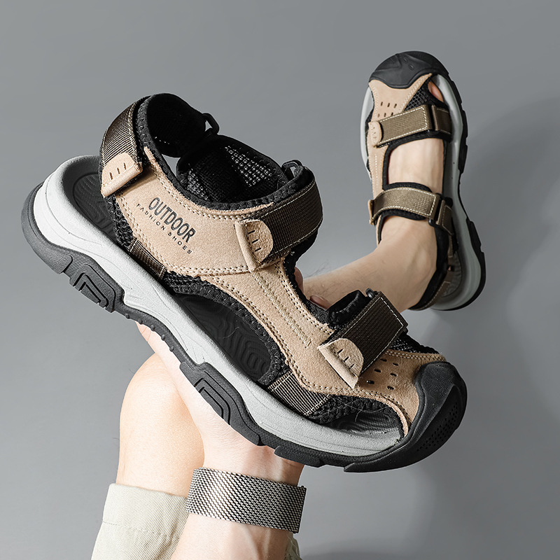 2026 verano al aire libre sandalias de cabeza de nuevo zapato de playa de suela gruesa hueco ventilado secado rápido velcro zapatos casuales para hombres