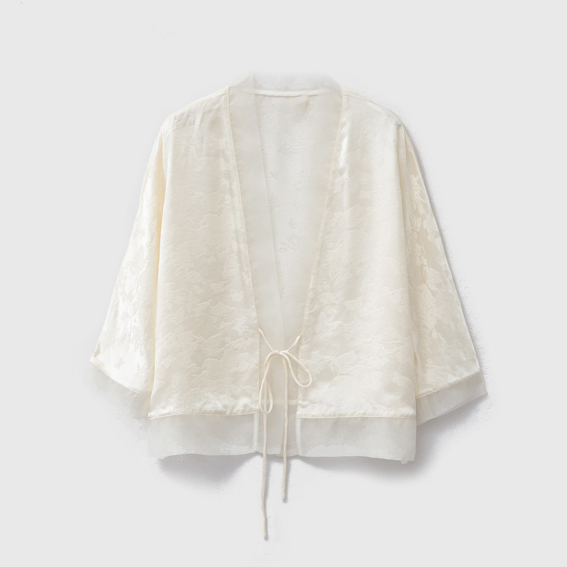 Silk Jacquard Sunscreen Coat Women's Organza Stitching 100 Mulberry Silk Lace-Up Seven-Sleeve V-Neck Blouse New Style