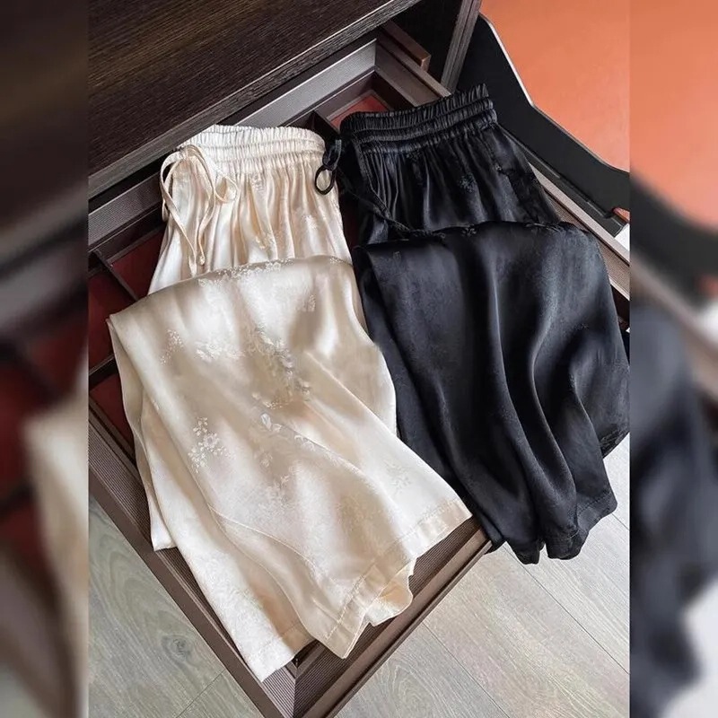 Summer New Slimming Women's Two-Color Jacquard Wide-Leg Loose Straight Ice Silk Trousers