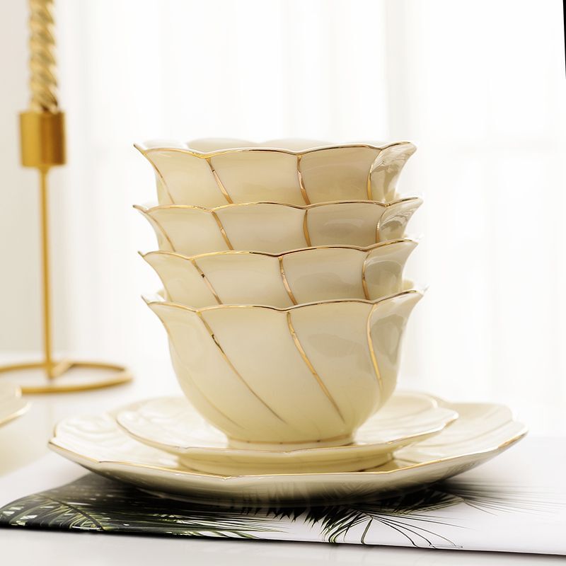 European Tableware Set, Dishes, Plates, Household Bowl Set, Ivory Porcelain Ceramic Bowl, Soup Bowl, Simple, Elegant and Creative