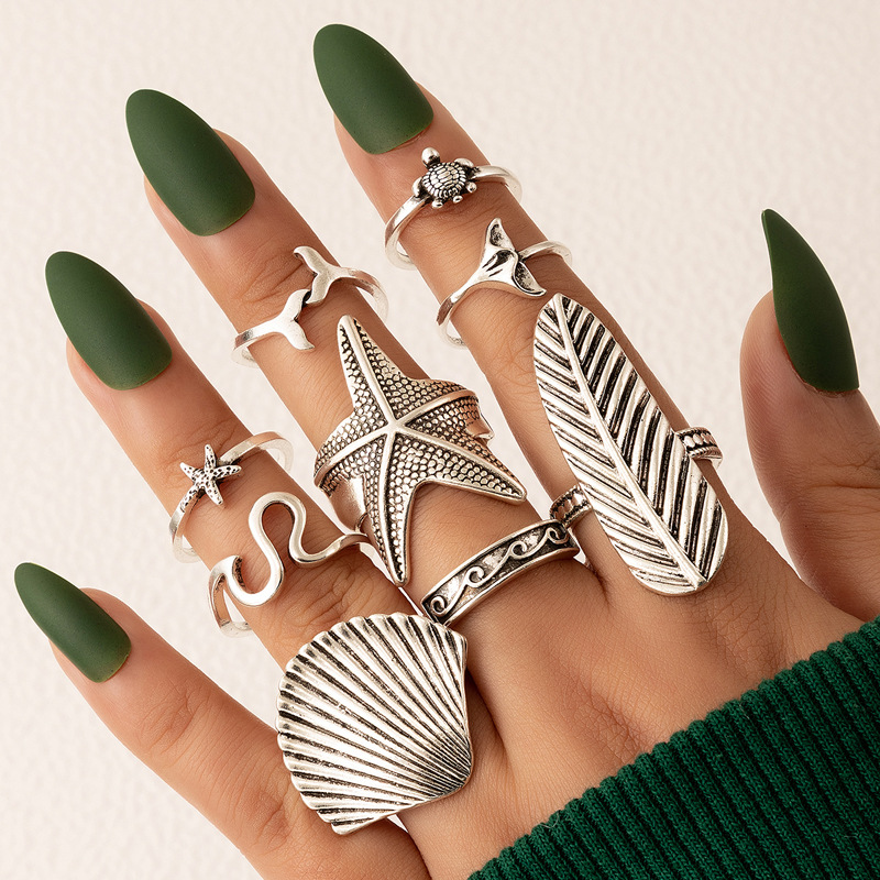 Vintage Jewelry Starfish Shell Ring Set Fishtail Feather Ring Nine-piece Set display picture 2