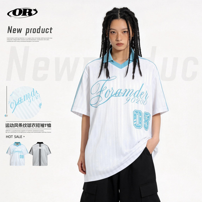 Oreeta American Jersey Style Lapel Contrast Color Sports T-Shirt for Men and Women, New Summer Style Loose-Fitting Couple's Short-Sleeved Jersey