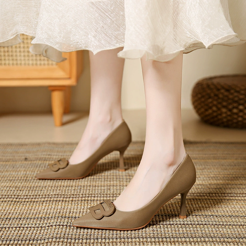 Nude metal shoes high heels, footwear, french style, genuine leather, 2025 years