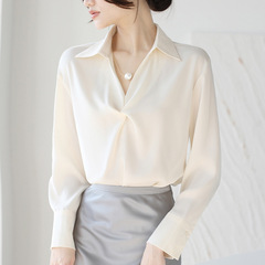 French-style design temperament satin blouse for women, 2025 spring new model business attire, slimming pearl necklace, professional top