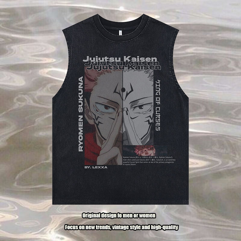 TKPA Summer Men's Fashion Brand Japanese Anime Print Washed Heavy Cotton Cut Sleeve Vest Retro Sleeveless T-shirt