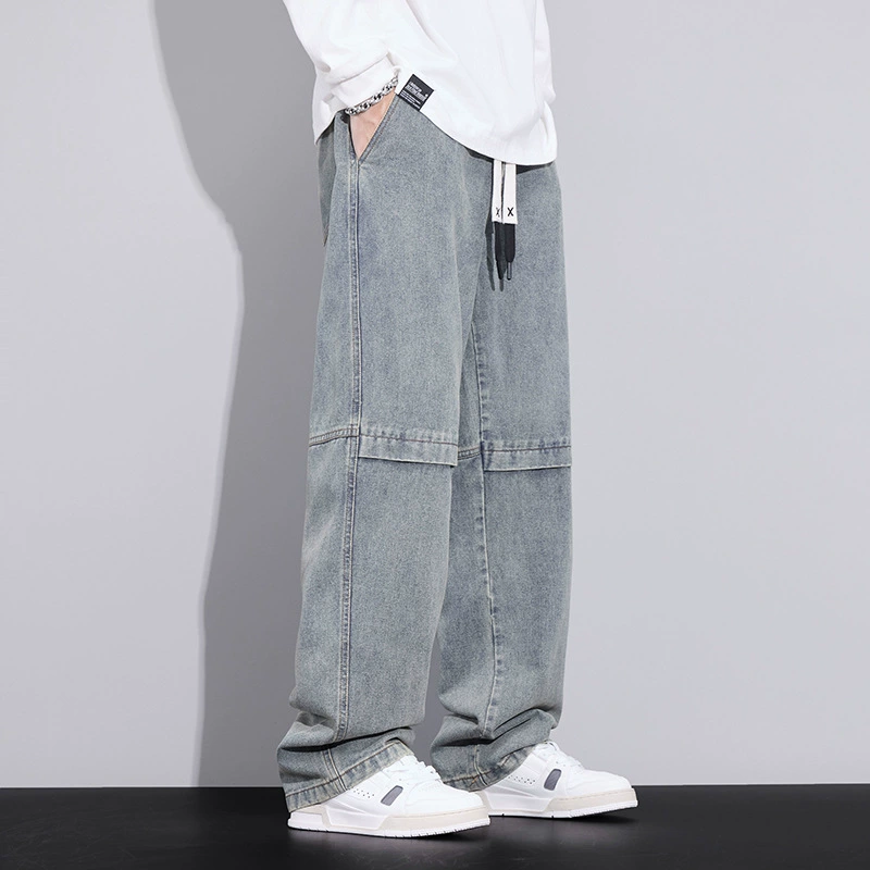Весна и осень широкие ноги прямые джинсы мужские свободные штаны швабры ретро дикие высокие улицы стирание повседневные брюки