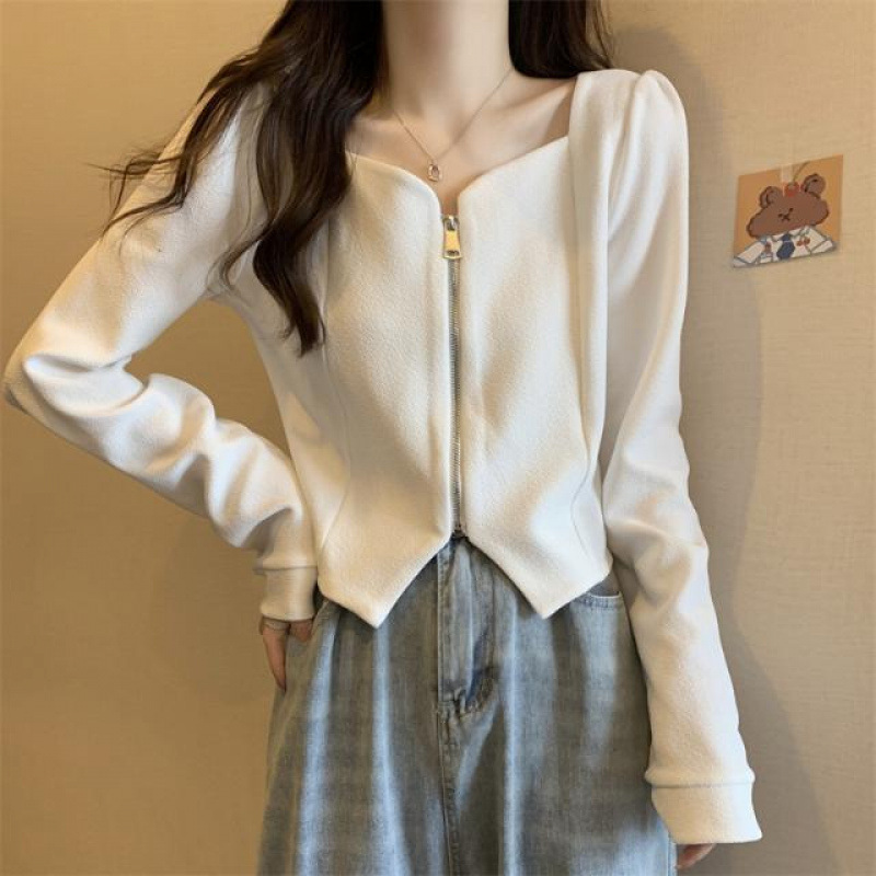 New small fragrance style design feel square collar irregular slim fit long sleeve zipper cardigan top