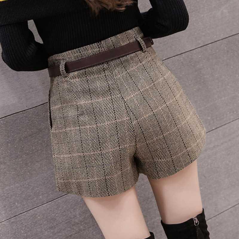 秋冬装新款高腰短裤女毛呢时尚配腰带百搭外穿显瘦靴裤子格子呢子