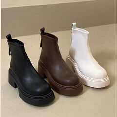 厚底增高粗跟白色短靴子女2025新款秋冬季小个子弹力瘦瘦靴马丁靴